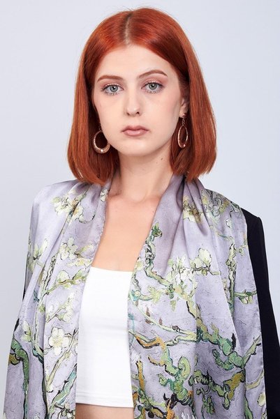 Nomads Felt 100% Silk Scarf| 35x160 cm| Gray Van Gogh Almond Tree|