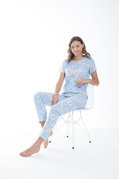 Burki Set de pijamale cu mânecă scurtă pentru femei cu model Blue Daisy