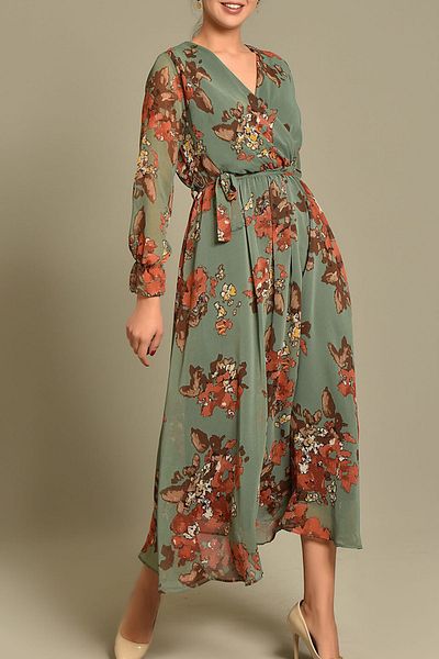 Elbise Delisi Green Floral Long Double Breasted Collar Chiffon Dress