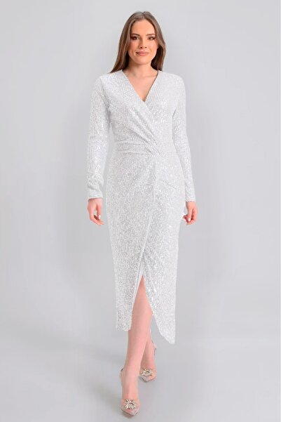 Elbise Delisi Kadın Beyaz Kruvaze Yaka Pul Payet Tasarım Büyük Beden Abiye El...