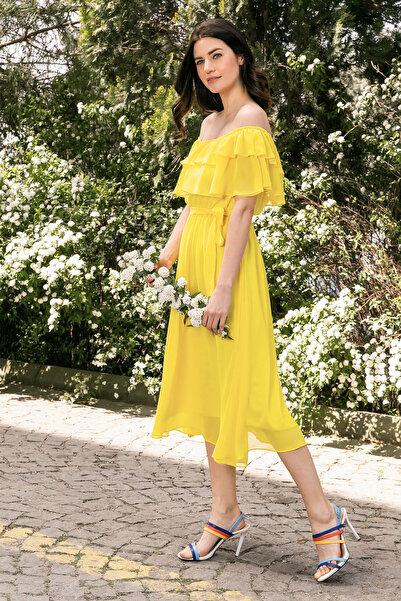 Elbise Delisi Sarı Madonna Fırfır Yaka Büyük Beden Şifon Emzirmeye Uygun Hamile Elbisesi