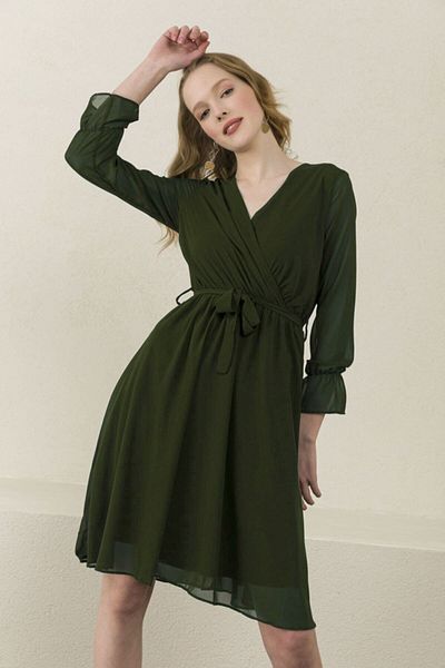 Elbise Delisi Khaki Double Breasted Collar Short Lined Plus Size Chiffon Dress