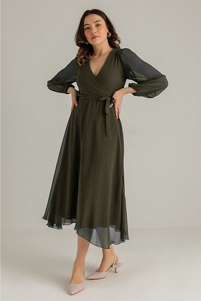 Elbise Delisi Khaki Balloon Sleeve Double Breasted Midi Length Chiffon Lined Plus Size Dress Sk