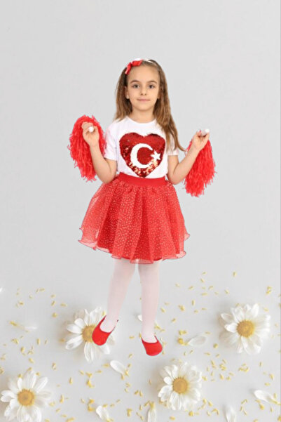 Nacar Kız Çocuk 23 Nisan Kıyafeti Kostüm Tütü Etek Kısa Kol Desenli Tshirt Takım 024