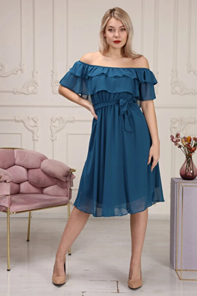 Elbise Delisi Petrol Mavisi Madonna Fırfır Yaka Büyük Beden Şifon Elbise