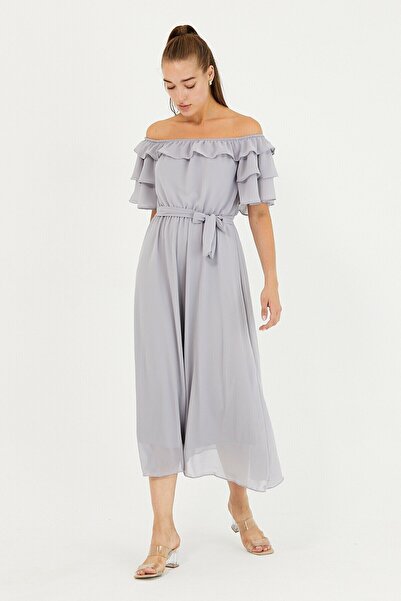 Elbise Delisi Gray Flounced Madonna Collar Plus Size Chiffon Dress