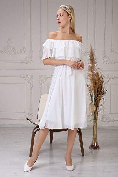 Elbise Delisi White Carmen Madonna Collar Plus Size Chiffon Dress