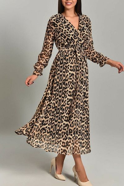 Elbise Delisi Leopard Pattern Double-breasted Plus Size Chiffon Dress