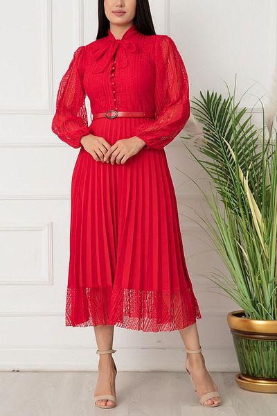 Elbise Delisi Red Halter Neck French Guipure Pleated Evening Dress