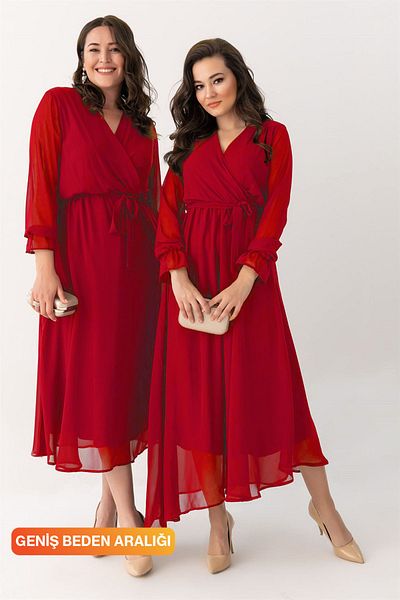 Elbise Delisi Red Double-breasted Collar Plus Size Chiffon Dress