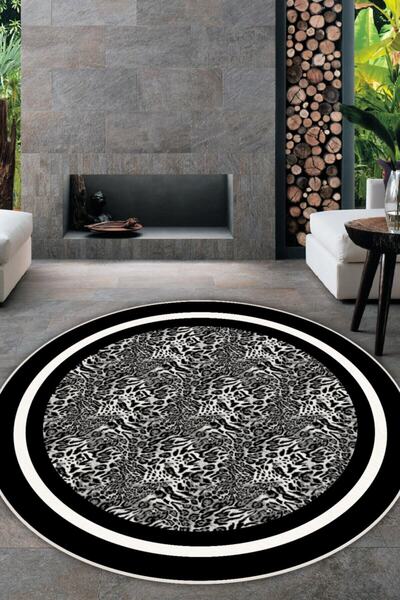 MUA HOME DECOR Yuvarlak Leopar Desen Dijital Baskı Yıkanabilir Kaymaz Taban S...