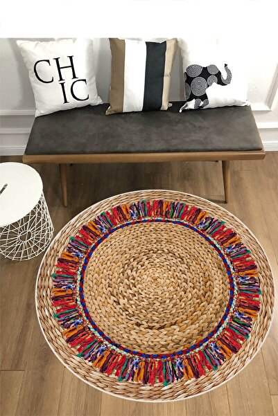 MUA HOME DECOR Yuvarlak Hasır Desen Dijital Baskı Yıkanabilir Kaymaz Taban In...