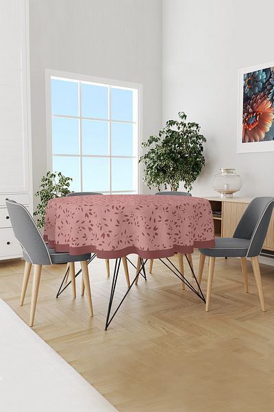 Moud's Burgundy Tree Branches Patterned Round Suede Carefree Tablecloth