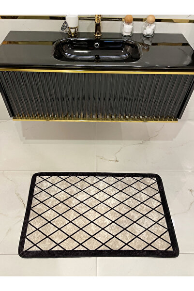 Brillant Tekli Geometrik Desen 60x100 Lateks Taban Banyo Paspas - BEJ-SİYAH