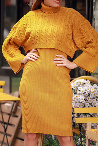 ALCHON Yarım Kol Saç Örgülü Balıkçı Yaka Bol Kesim Kazak U Kalın Askılı Fitilli Elbise İkili Triko Takım