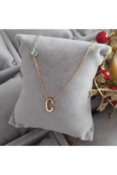 Betül Çekiç Çelik Gold Renk Nazar Boncuğu C Harf Kolye