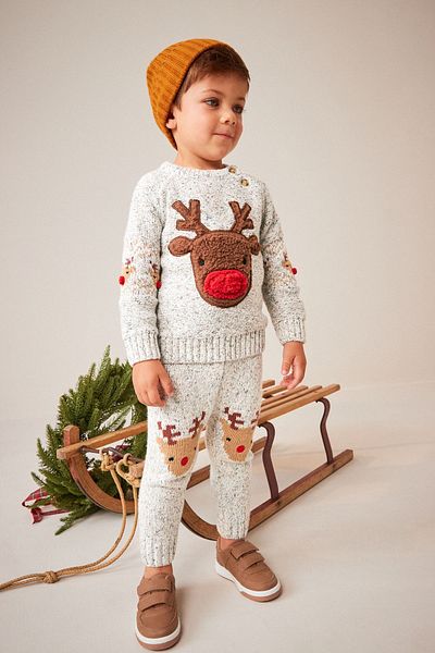 Next Baby Gray Cotton Colored Knitted Sweater and Deer Set