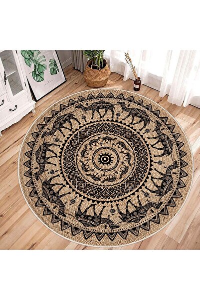 MUA HOME DECOR Yuvarlak Hasır Desen Dijital Baskı Yıkanabilir Kaymaz Taban In...