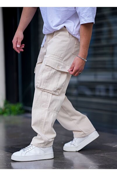 Tarz Cool Erkek Kargo Cep Baggy Pantolon Krem Rengi