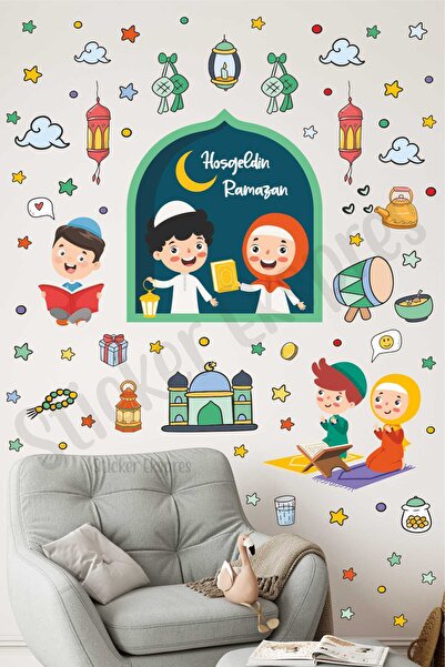 Sticker Ekspres Hoşgeldin Ramazan Çocuk Temalı Duvar Kapı Cam Sticker Seti