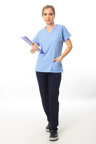 Simirna Üniforma Premium Fabric Lycra Surgical Doctor Nurse Top Light Blue Bottom Navy Jersey Suit
