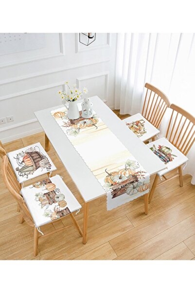 Nish & Royal Sonbahar Temalı Kabak Motifli 4 Pofidik Sandalye Minderi Ve 1 Ru...