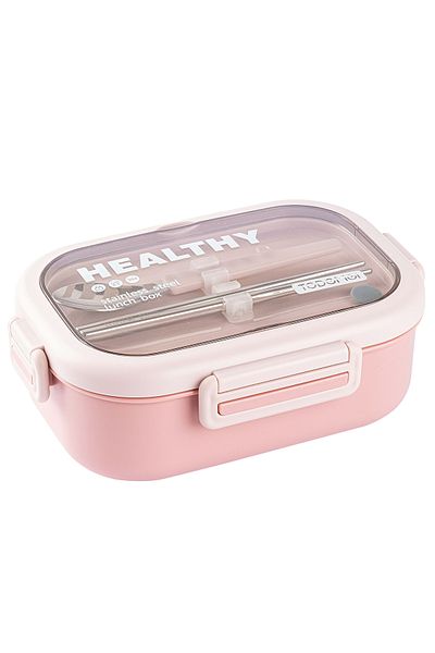 Tantitoni TEDEMEI PINK STAINLESS STEEL RECTANGULAR CHOPSTICK AND FOOD CARRIAGE BOWL WITH SPOON 850ML