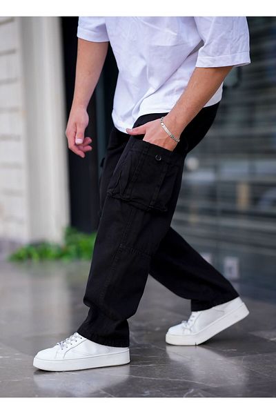 Tarz Cool Pantaloni largi pentru bărbați cu buzunar cargo Culoare neagră