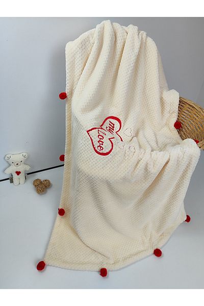 Tomuycuk Valentine's Day Tv Blanket My Love Embroidered Heart Pompom Sofa Wrap Blanket Gift