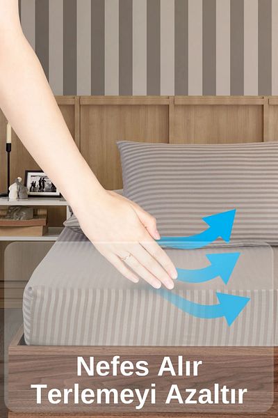 VAVEY Double Cotton Striped Satin Sheet Set - Elastic Pillow Case 50X70 Cm, 2 Pieces 160X200 cm