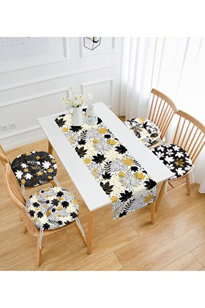 Nish & Royal Siyah Beyaz Altın Varaklı Tropik Yaprak Motifli 4 Yuvarlak Pofid...