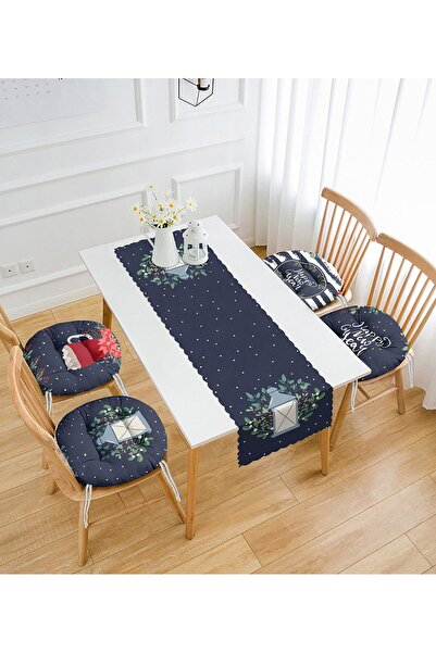 Nish & Royal Lacivert Zeminli Happy New Year Tasarımlı 4 Yuvarlak Pofidik San...