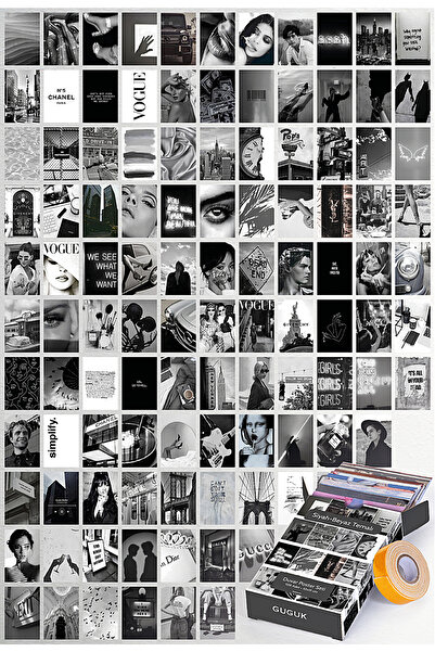 GUGUK Siyah Beyaz Temalı 108 Adet Duvar Poster Seti, Özel Tasarım Kutulu, Oda...