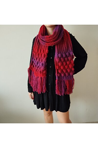 yaso shop Püsküllü Yünlü Atkı Şal Kırmızı Mor