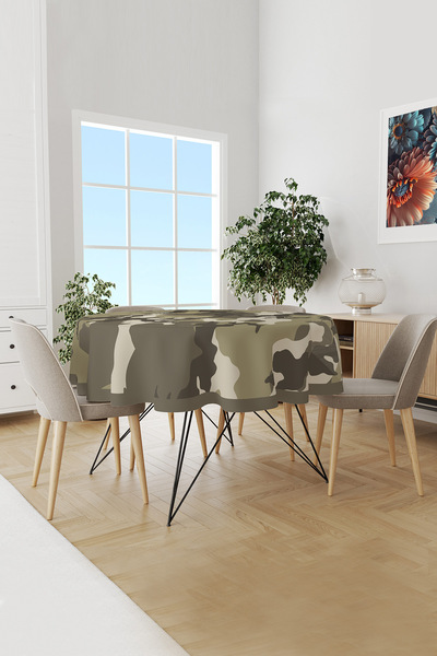 Moud's مفرش طاولة مستدير من جلد الغزال منقوش باللون الأخضر المموه