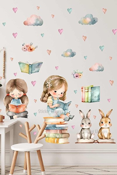 Sticker Ekspres Kitap Okuyan Kızlar Çocuk Odası Duvar Sticker Seti