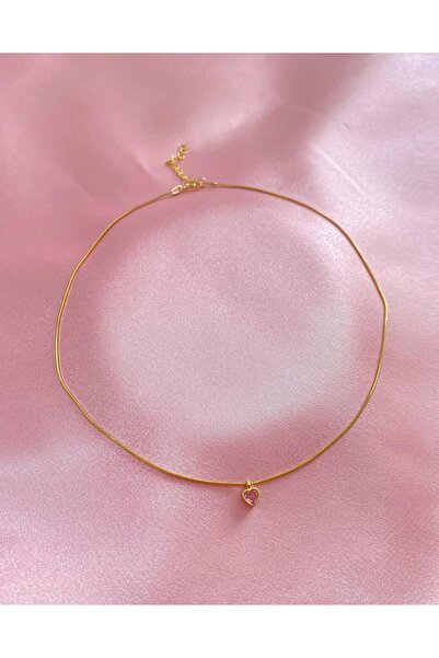 h&b design jewel 925 Ayar Gümüş Gold Mini Pembe Kalpli Choker
