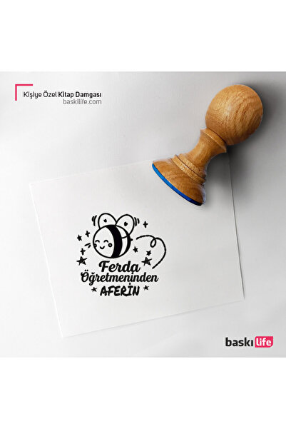 Baskı Life Aferin Arı Öğretmen Kişiye Özel Kitap Damgası Kitap Mührü Kaşe Kit...