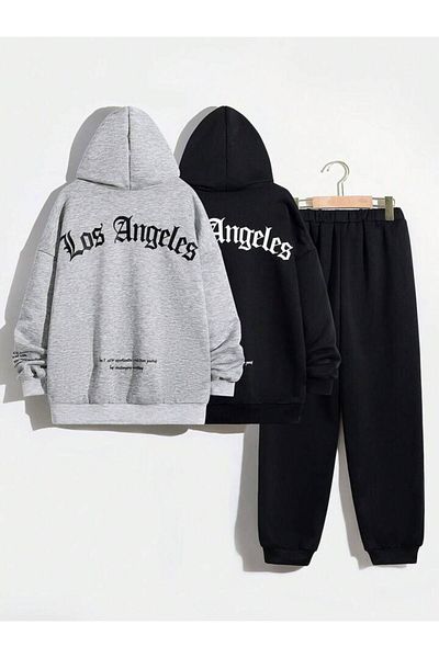 AMMA Unisex Black Gray Los Angeles Printed Bottom Top 2-Piece Sweatshirt 3-Piece Tracksuit Set
