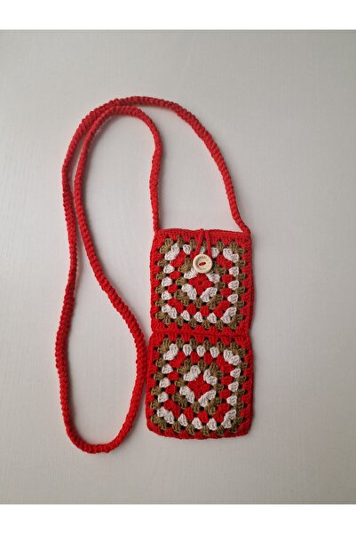 Butik Hobi Kafe Kırmızı El Örgüsü Motifli Telefon Çantası