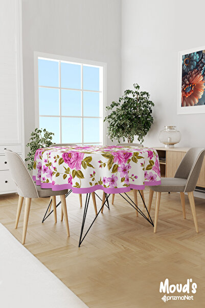 Moud's مفرش طاولة دائري من الجلد المدبوغ بتصميم زهور أرجوانية وردية