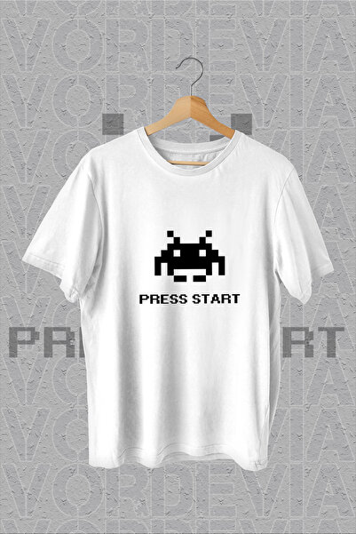 Vordevia Pritisnite Start - Igrač Štampano Beli Oversize kroj T-shirt