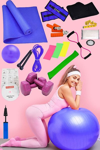 Jet Set de 20 de bucăți pentru Pilates acasă Plăci complete Pernă de aerobic Minge gantere 3 bucăți Banda de cauciuc pentru gimnastică (albastru)