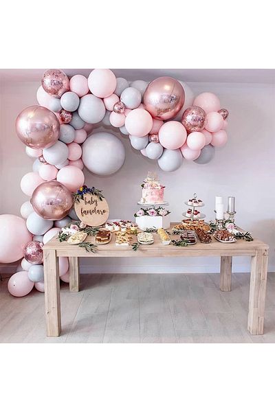 Çemrek Süs Parti Chrome rose macaron pink and gray balloon chain set 105 pieces of balloons and chain