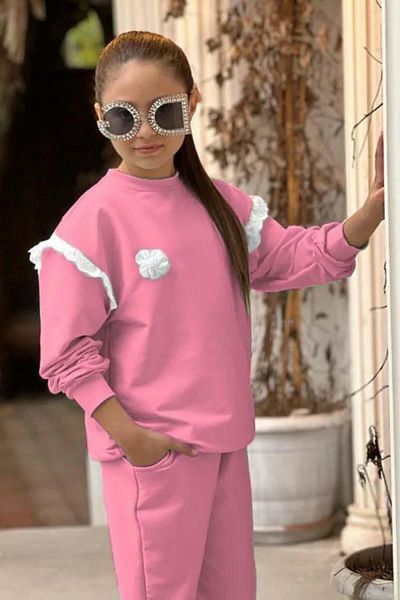Riccotarz Girl's Pink Tracksuit Set with Shoulder and Guipure Detail on the Front