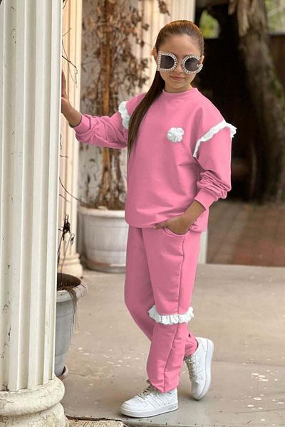 Riccotarz Girl's Pink Tracksuit Set with Shoulder and Guipure Detail on the Front