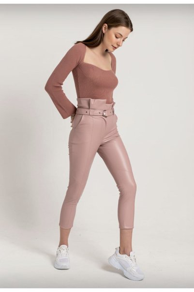 MISSY WINGS Women's Belt Detailed Powder Leather Trousers