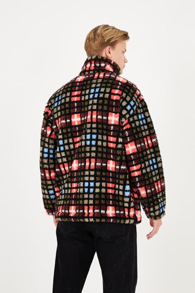 LOVELYSTORE Leopar Ve Kare Desenli Yünlü Unisex Ceket