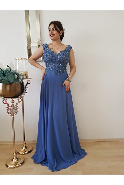 FERGAN Kadın Indigo Taş Işleme Şifon Yırtmaçlı Tasarım Abiye Elbise