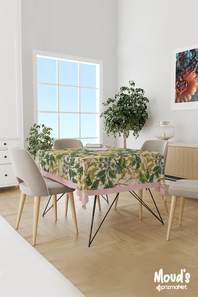 Moud's مفرش طاولة دائري من جلد الغزال بتصميم فروع كريمية باللون الأخضر الداكن